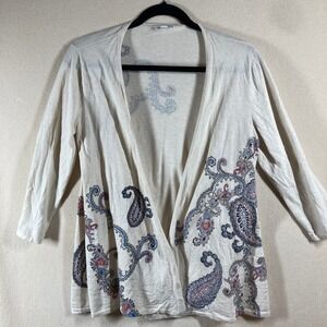 J. Jill Paisley Open Cardigan SP Ivory 3/4 Sleeve Lightweight Casual Neutral‎